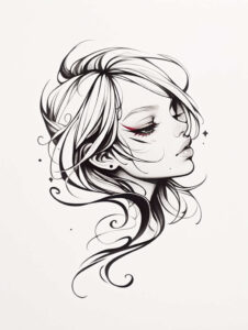 Profile view of a woman with flowing black hair and red eyeliner in black-and-grey line art; elements: face, hair, eye, ear, lip; tattoo project idea, suitable for cover-up.