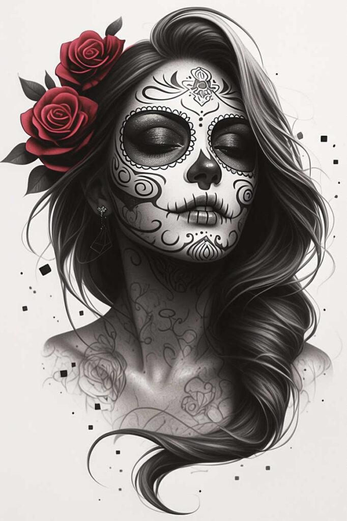 Grayscale portrait of a woman with sugar skull makeup and red roses in her hair; visible elements: rose, face, neck, earring; AI-generated tattoo concept; suitable for a cover-up.