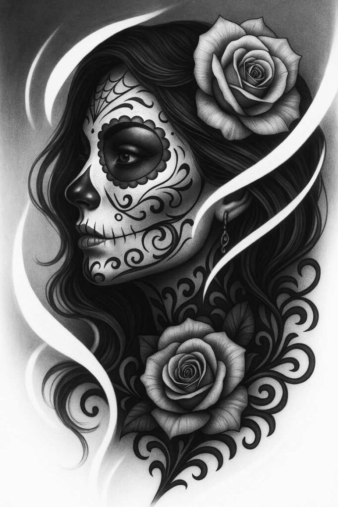 Portrait of a woman with black-and-grey sugar skull makeup, roses in hair and along the neck, flowing dark curls, and an earring; AI-generated cover-up tattoo project.