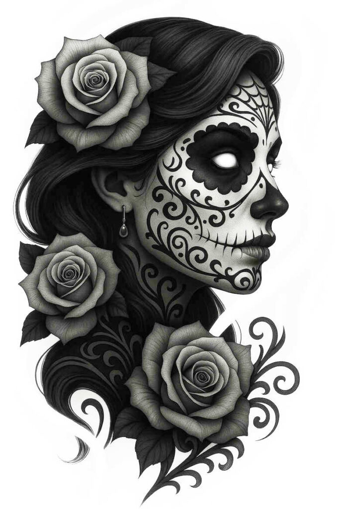 Black and grey sugar skull portrait with roses, ornate filigree, and an earring; project concept; suitable for cover-up.