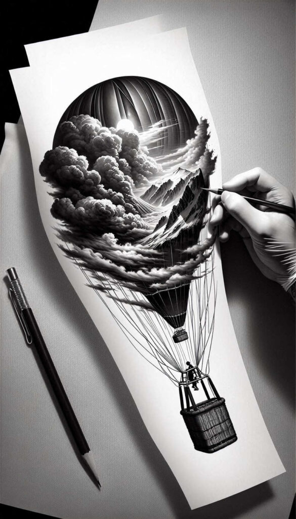 Black and grey drawing of a hot air balloon among clouds and mountains on paper; gloved hand holding a pencil, with a pen nearby — tattoo design concept.