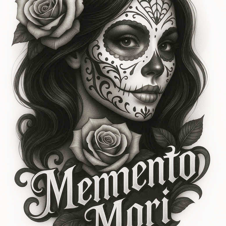 Face portrait with sugar skull makeup in black and grey, rose and leaves, Memento Mori script; tattoo project idea; cover-up suitable.
