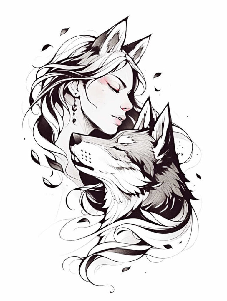Black and grey illustration of a woman with flowing hair beside a wolf, earrings visible; project idea; not suitable for a cover-up.