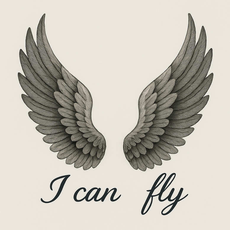 Two black and grey wings in fine-line shading with the phrase 'I can fly'; pattern visible; tattoo project idea; not ideal for cover-up.