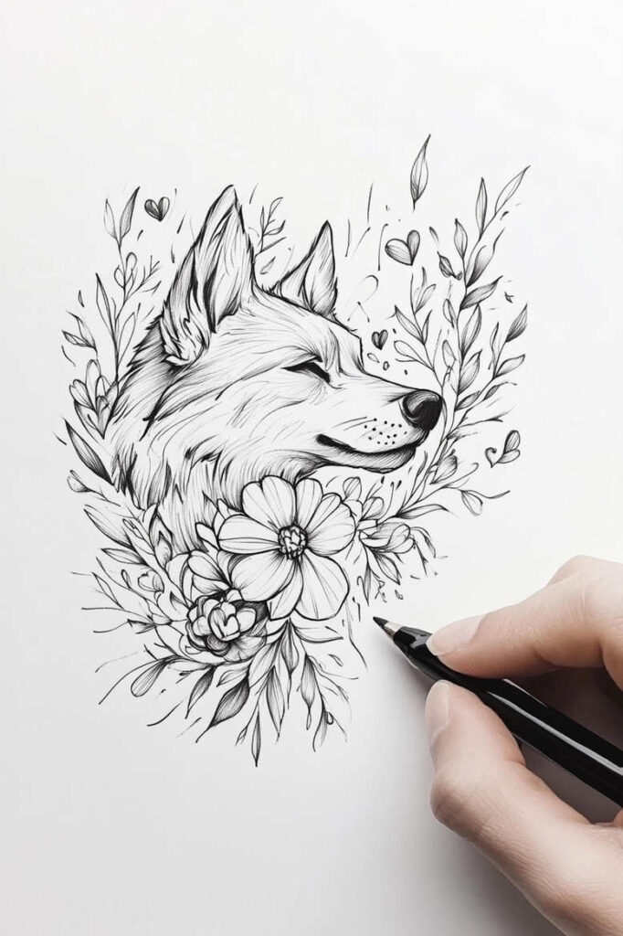 Wolf head in black and grey line art with flowers and leaves; tattoo design idea; suitable for cover-up.