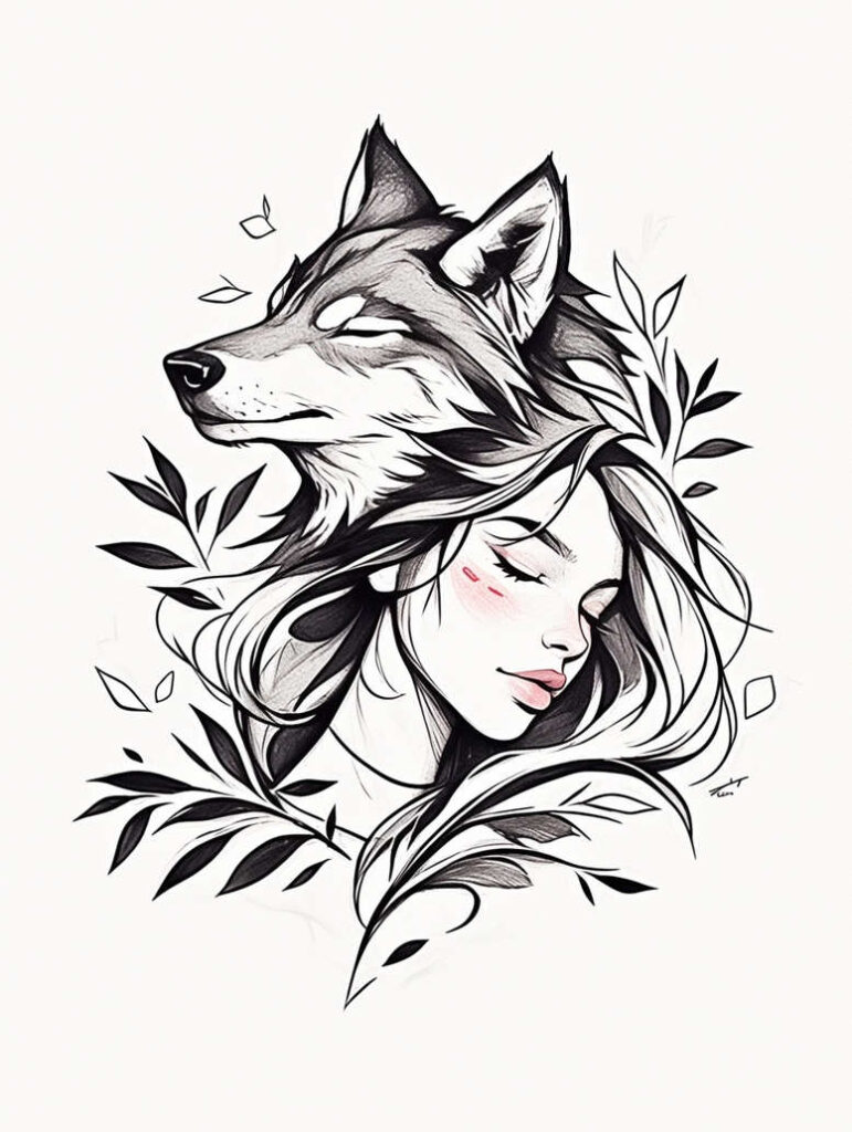 Wolf head and female profile in black and grey, surrounded by leaves; AI-generated tattoo project; cover-up: no.