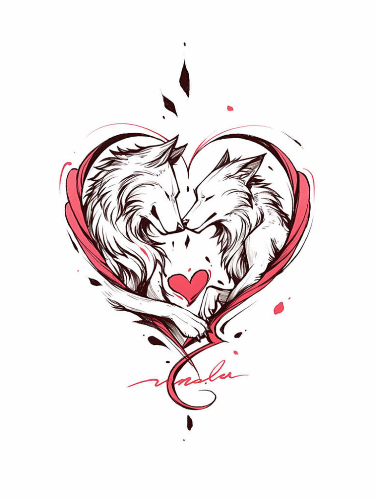 Two wolves forming a heart silhouette, black linework with red highlights, pink ribbon, heart at center; AI-generated tattoo project; not a cover-up.