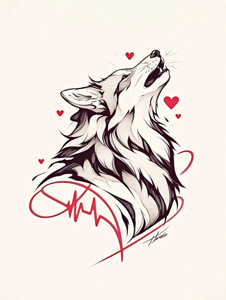 Wolf, hearts, and heartbeat line; black and grey linework with red accents; tattoo project idea, suitable for a cover-up.