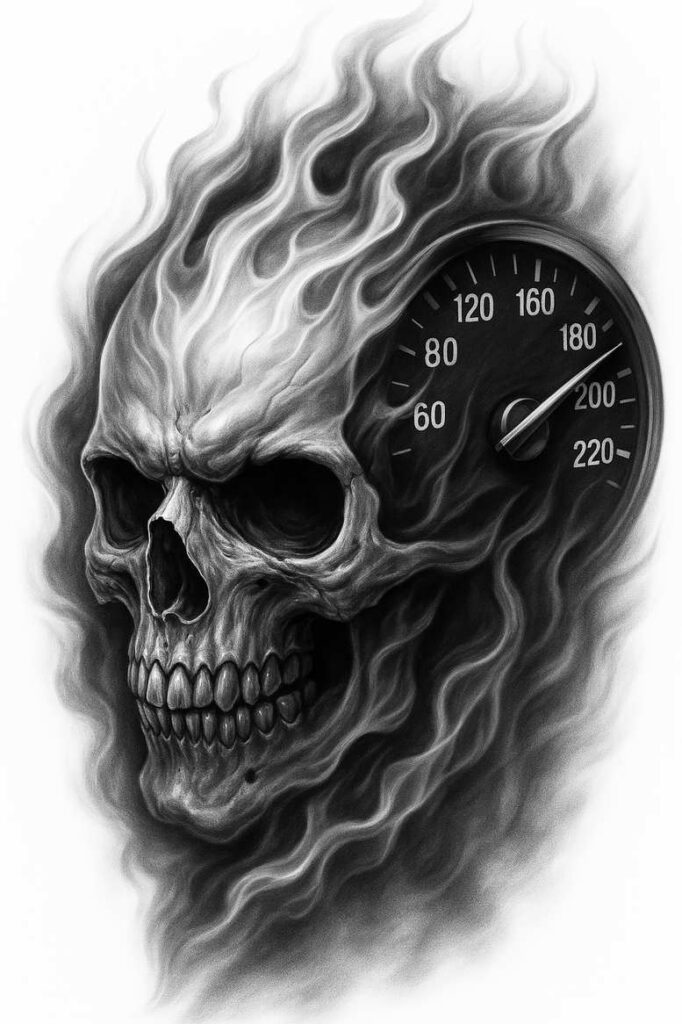 Skull, flames, and gauge in black and grey; AI-generated tattoo project; ideal for cover-up.