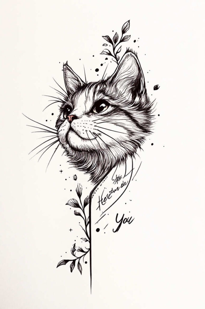 Black and grey cat head with a floral stem and leaves; tattoo design idea; not specified for cover-up.