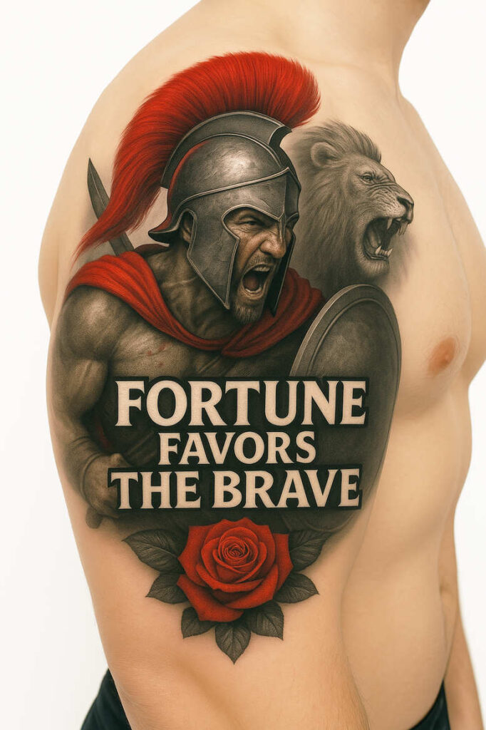 Helmet with red plume, shield with bold text 'FORTUNE FAVORS THE BRAVE', lion in background, rose at base; black and grey ink; project; suitable for cover-up.