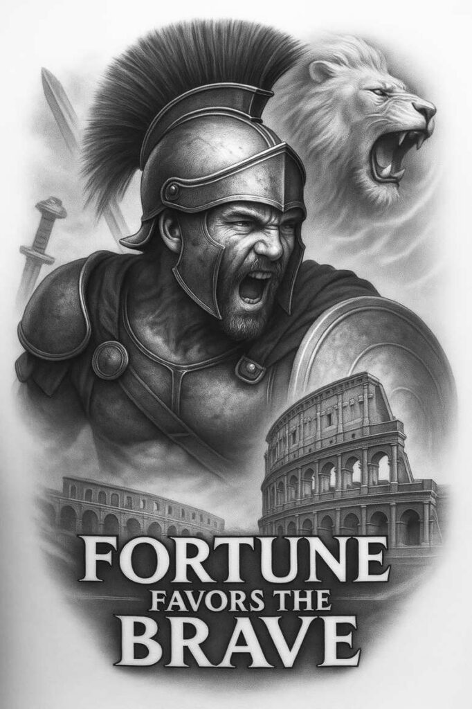 Warrior in armor with helmet, shield and sword, roaring lion behind, Colosseum backdrop; black and grey tattoo design concept, suitable for a cover-up.