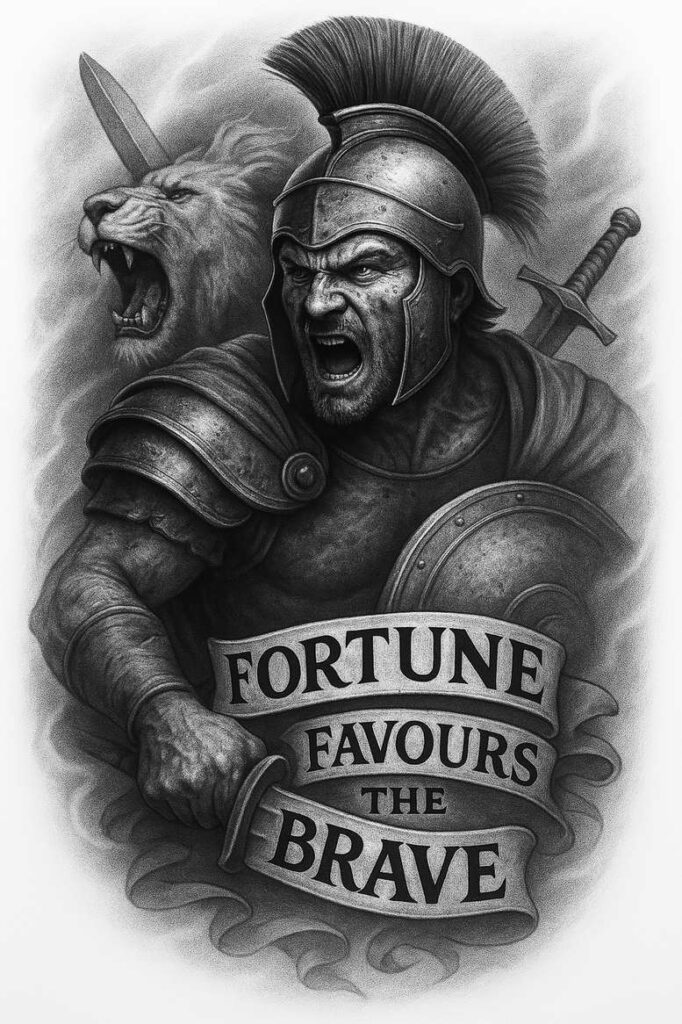 Warrior in black and grey armor roars beside a snarling lion, with sword, shield, helmet, and a banner reading FORTUNE FAVOURS THE BRAVE; AI-generated tattoo project; cover-up ready.