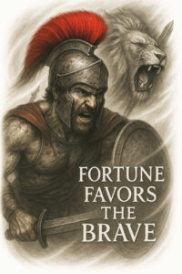 Warrior in grey tones wearing a metal helmet with red plume, holding a sword and shield, with a roaring lion in the background; AI-generated tattoo project; suitable for cover-up.