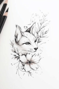 Black and grey line drawing of a fox head with a floral bouquet and branches; tattoo project idea, not a cover-up.