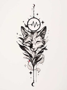 Black and grey fine-line tattoo design of a fox head entwined with a floral stem, circular heartbeat motif, stars, and crescent moons; cover-up-ready AI-generated project.
