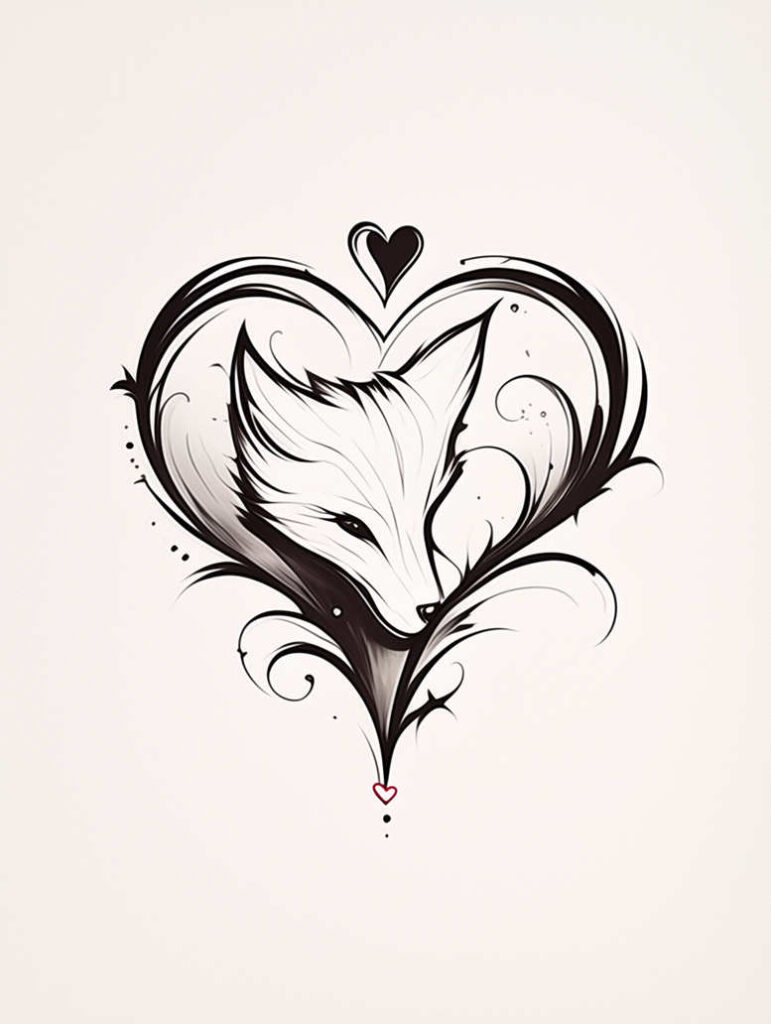 Fox head and heart-shaped flourish in black and grey linework on cream background; black and grey; project; cover-up not ideal.