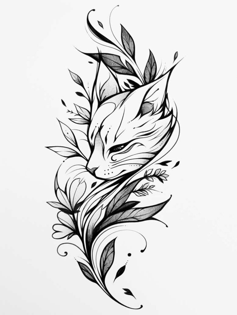 Black and grey line art of a fox head entwined with leaves and vines; AI-generated tattoo project, not ideal for cover-up.