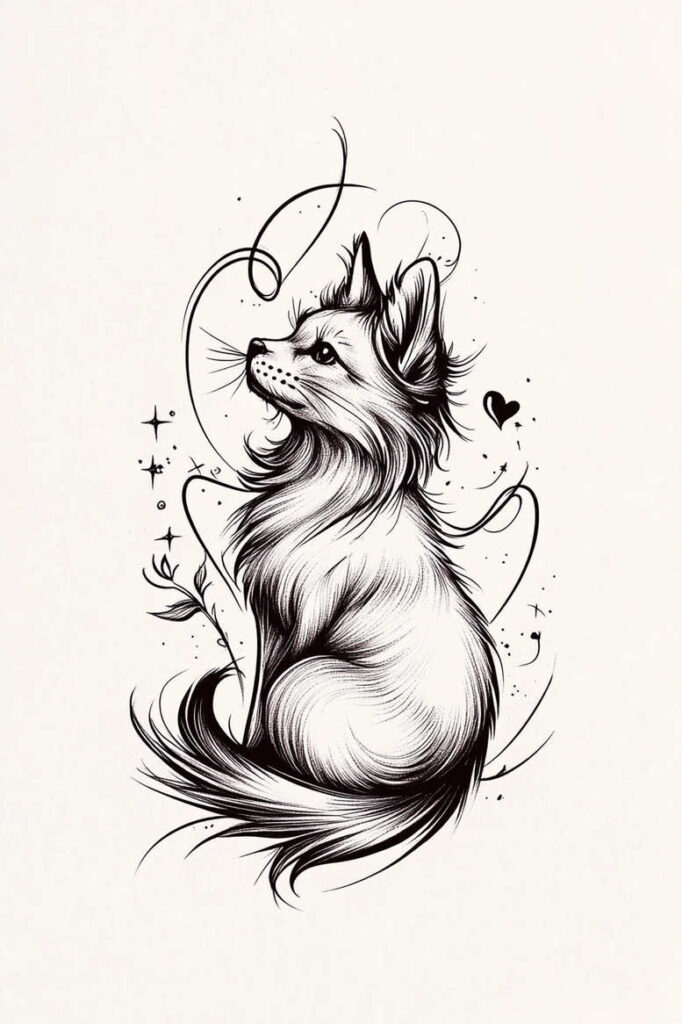 Fox drawing in black ink with a heart and branch accents; black and grey, tattoo design idea, suitable as a cover-up.