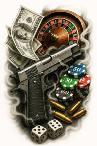 Gun, money, roulette wheel, dice, bullet; color; project; not ideal for cover-up.