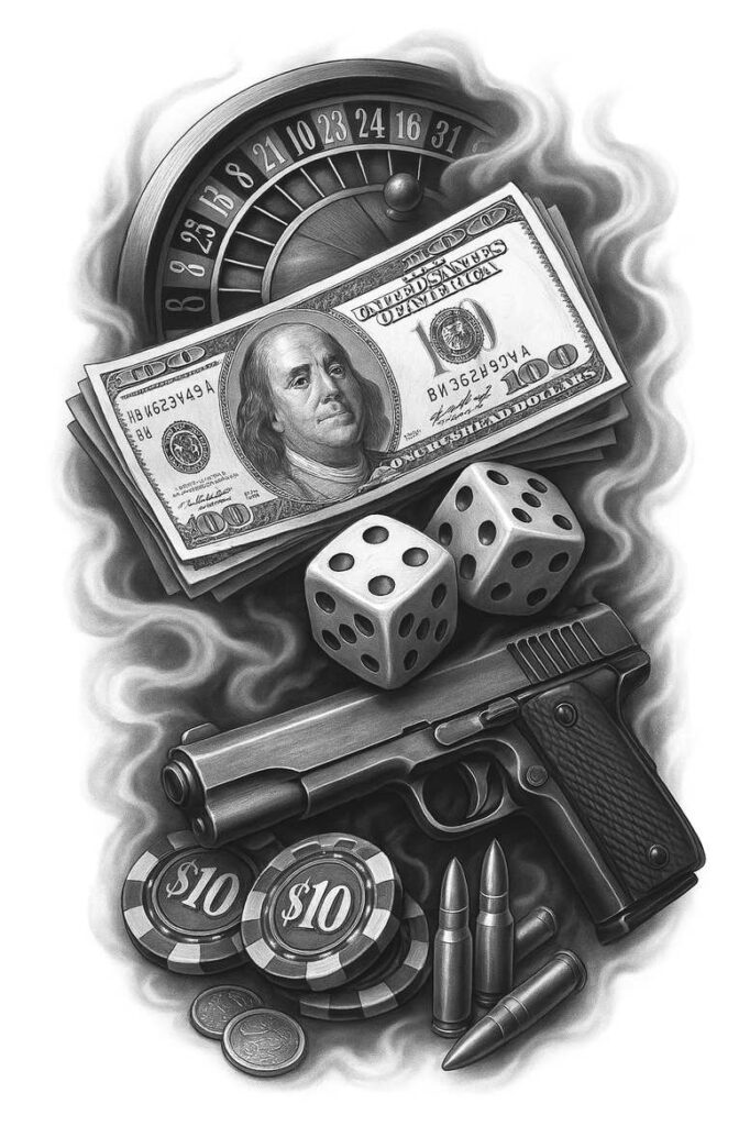 Black and grey tattoo design showing gun, money, roulette wheel, dice, chips, and bullets; AI-generated tattoo project, cover-up ready.