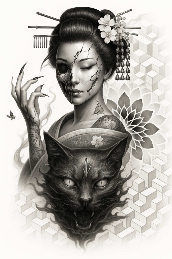 Geisha figure with cracked grey visage and a black cat, flowers in hair, hairpins, blossoms, and a geometric tessellated background; black and grey tattoo design project; cover-up suitable.
