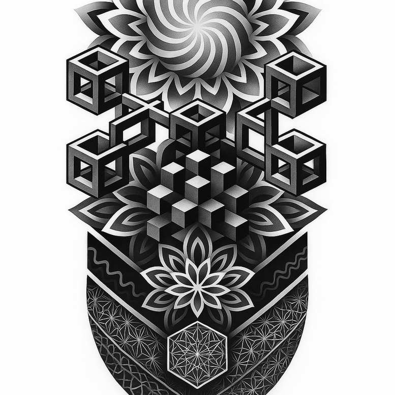 Cube, Lotus, Mandala, Shield in black and grey; AI-generated tattoo project; cover-up suitable.