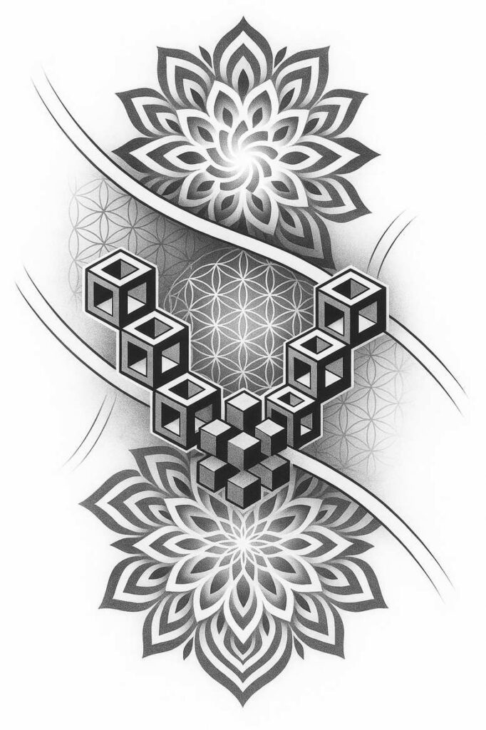 Black and grey geometric cube chain crossing two mandalas over a flower-of-life pattern; tattoo project; cover-up suitable.