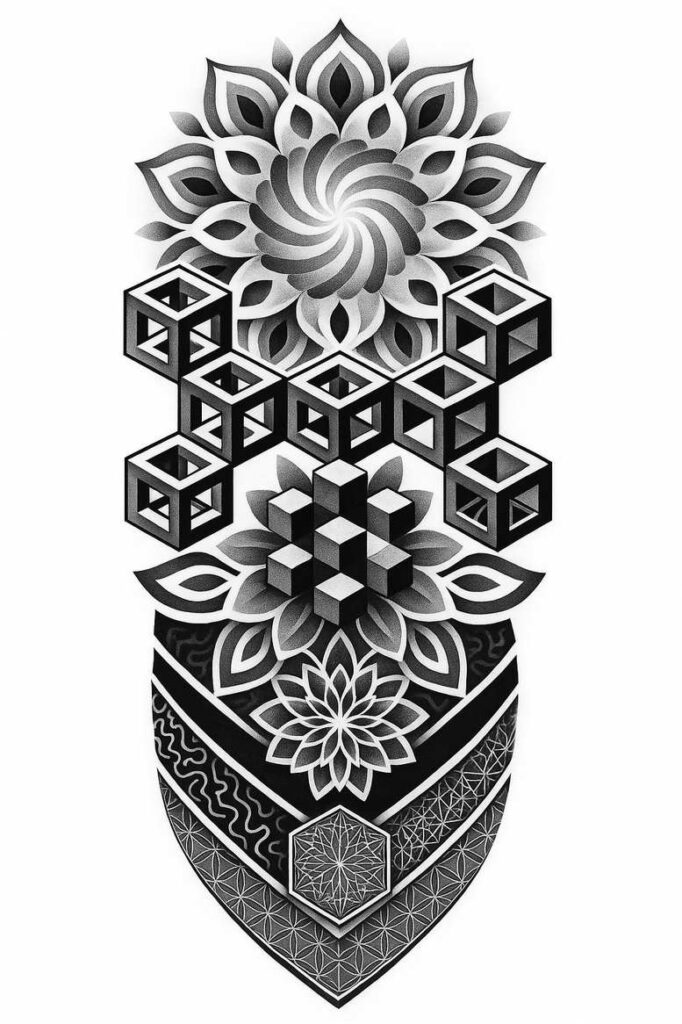 AI-generated tattoo project: flower mandala, geometric cubes, shield, black and grey shading; pattern work; suitable for cover-up.
