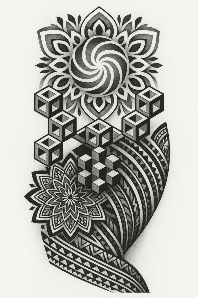 Black and grey forearm tattoo showing a mandala flower and stacked cubes; AI-generated design, cover-up-ready.