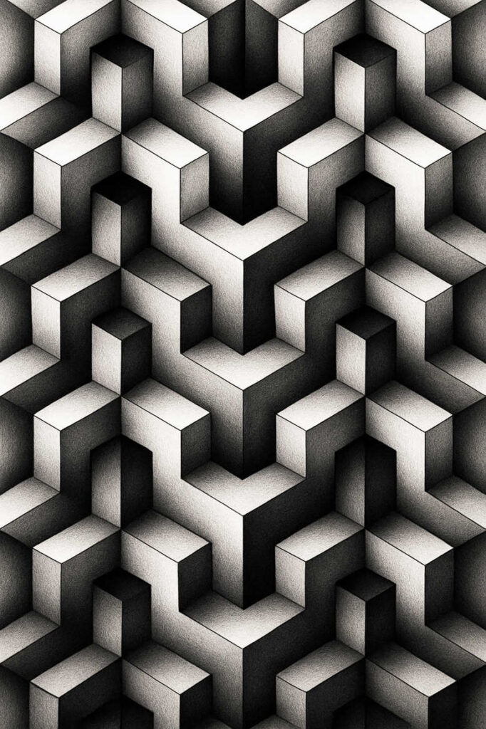 Black and grey geometric cube pattern with interlocking blocks; AI-generated tattoo project; suitable for a cover-up.
