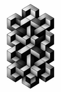 Interlocking isometric cubes in black and grey form a geometric tattoo design; AI-generated tattoo project idea; not explicitly a cover-up.