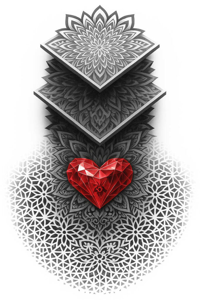 Stack of diamond-shaped layers in black and grey with a red faceted heart at the center above a circular lattice pattern; AI-generated tattoo project; suitable for cover-up; pattern.