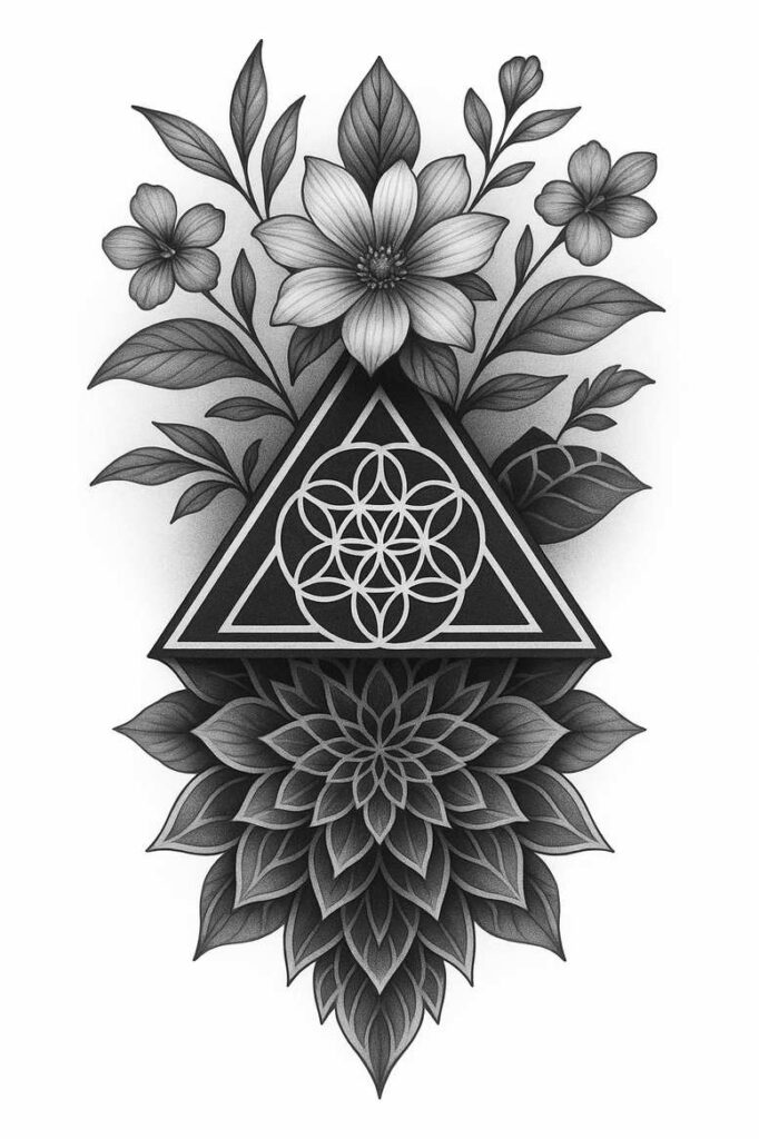 Black and grey triangle with circle pattern, floral elements including a large bottom flower and surrounding leaves; project idea, suitable for a cover-up.