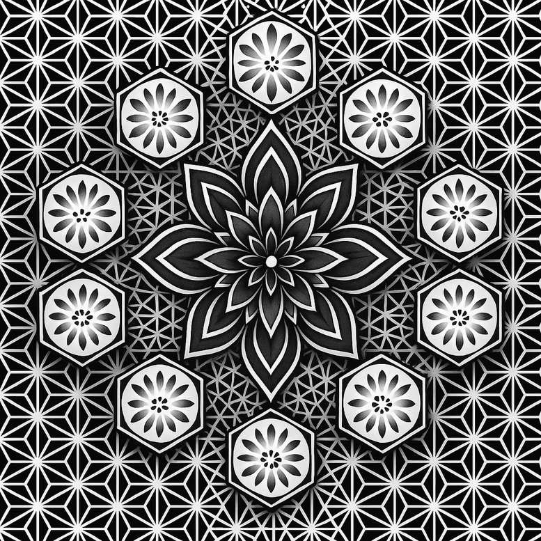 Central black-and-grey tattoo idea featuring a multi-petaled flower mandala, hexagon tile motifs, and a dense geometric lattice; cover-up ready.