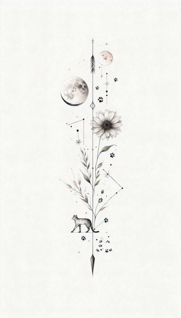 Vertical black and grey tattoo design featuring a flower pattern, moons, pawprints, a cat silhouette, stem, leaves, and arrow shaft.