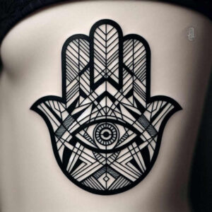 Hamsa hand with central eye, black ink, geometric linework; tattoo design idea; not ideal for cover-up.