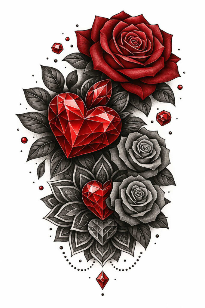 Black and grey leaves with red roses and faceted red heart gems; tattoo project idea; suitable for a cover-up.