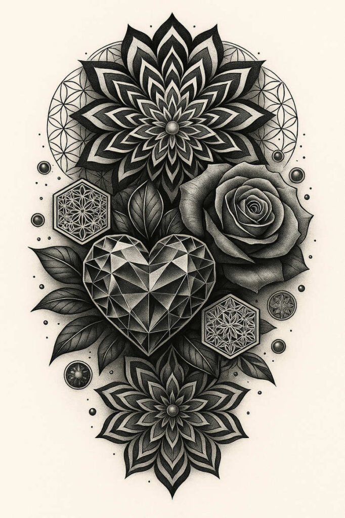 Black and grey tattoo design featuring a geometric heart, rose, mandalas, leaves, hexagons, and circular accents; AI-generated project; suitable for cover-up.