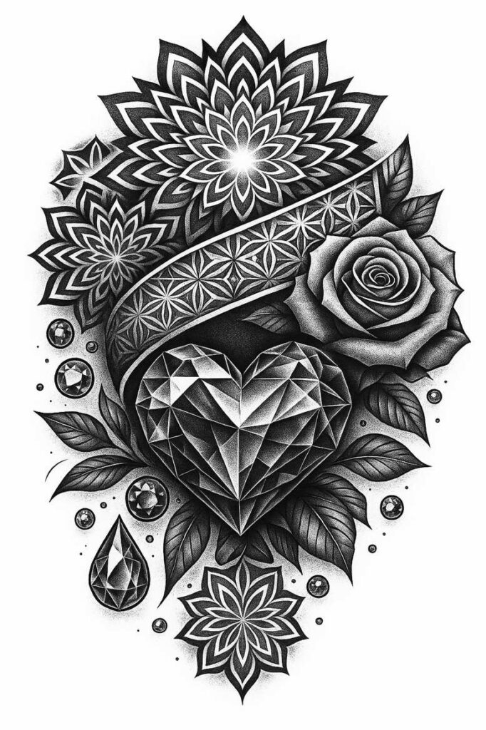 Black and grey tattoo design with a geometric heart, rose, patterned band, leaves, and gems; cover-up project.