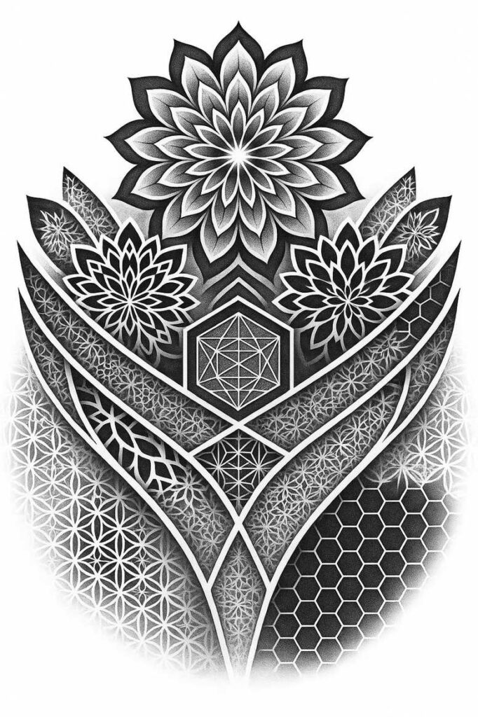 Lotus, hexagon, band, honeycomb pattern; black and grey, AI-generated tattoo project; suitable for a cover-up.