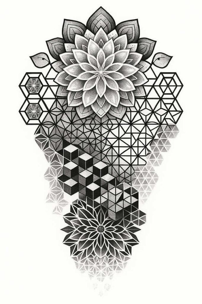 Black and grey tattoo design showing a lotus bloom at the top, geometric grid and triangular tessellations with cube motifs cascading downward; project; perfect for a cover-up.