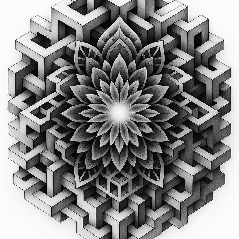 Central lotus flower in black and grey tones, surrounded by an intricate geometric cube maze; tattoo project; cover-up suitable.