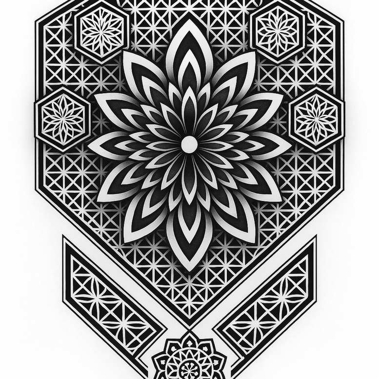 Lotus-inspired black and grey tattoo design with geometric hexagons, grid patterns, and a decorative border; AI-generated tattoo project; perfect for a cover-up.