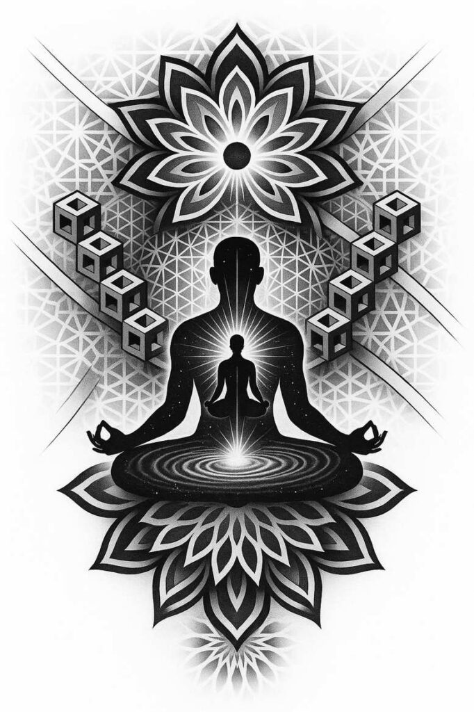 Geometric lotus mandala with a central meditating silhouette, halo, and side cubes in black and grey ink; tattoo project idea; perfect cover-up.