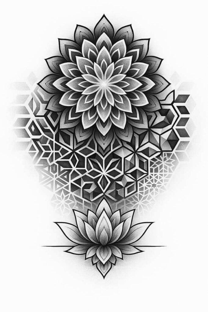 Black and grey lotus; hexagonal geometric pattern background; two lotus flowers; project idea; cover-up friendly.