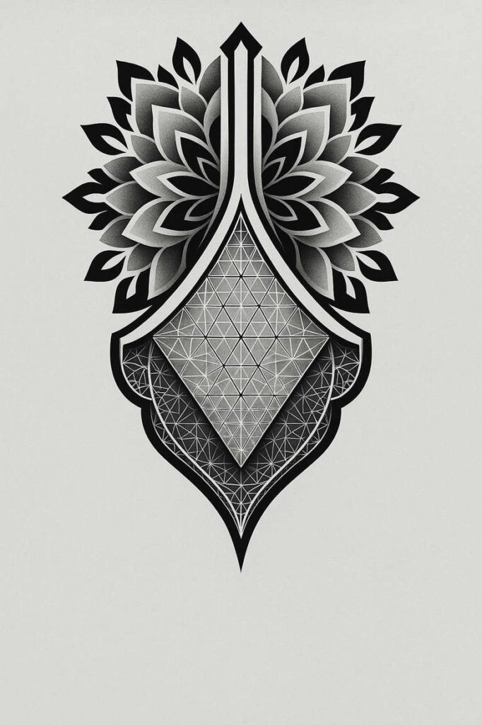 Flower, diamond, and triangle geometry in black and grey; tattoo design project, cover-up suitable.