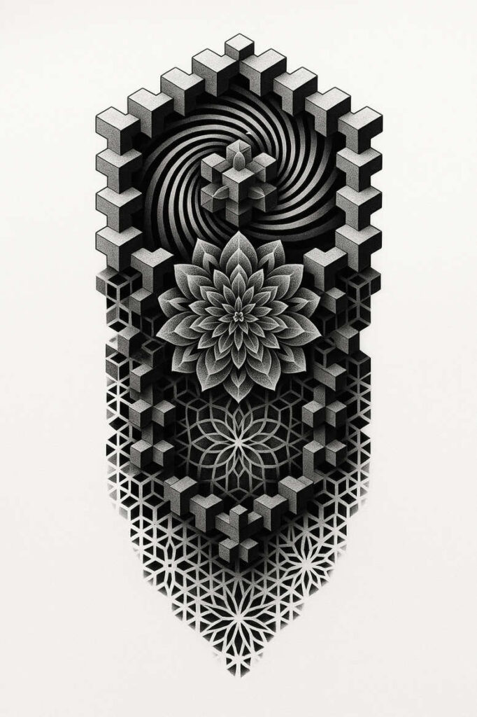 Geometric black and grey tattoo project with circular ring of cubes, central floral mandala, spiral core, and lattice pattern; AI-generated design, cover-up ready.