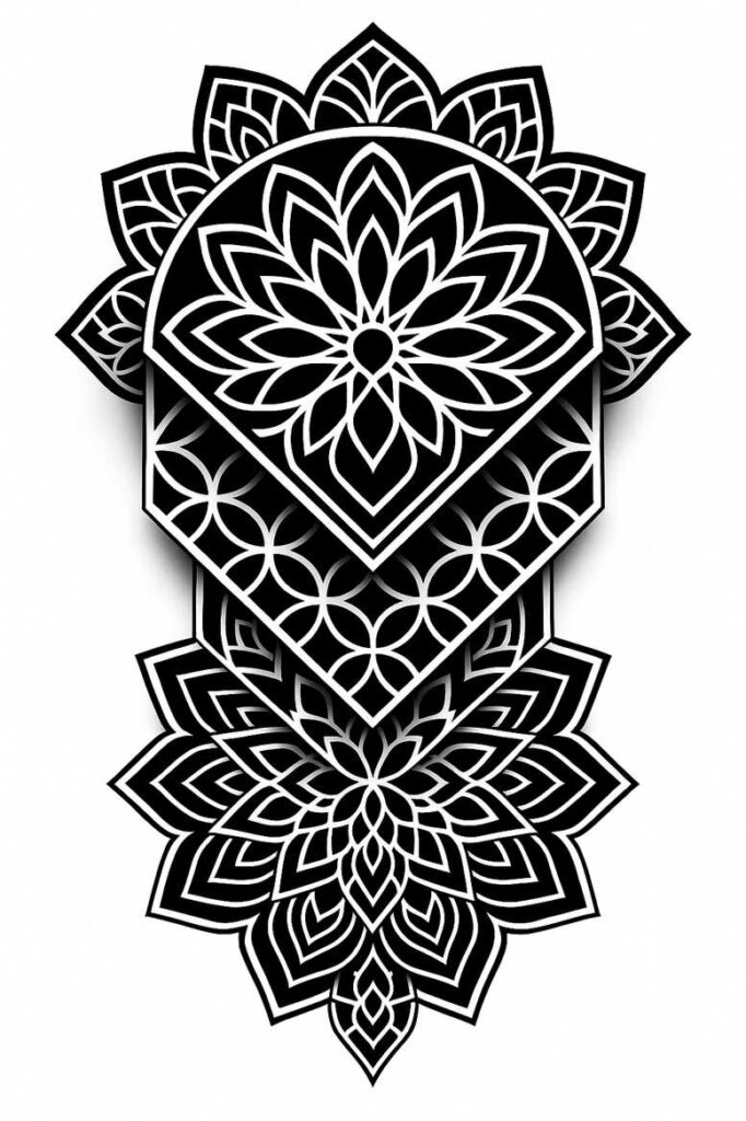 Monochrome black-and-white mandala tattoo design with layered petals and interlocking circles; pattern-heavy, suitable for a cover-up.