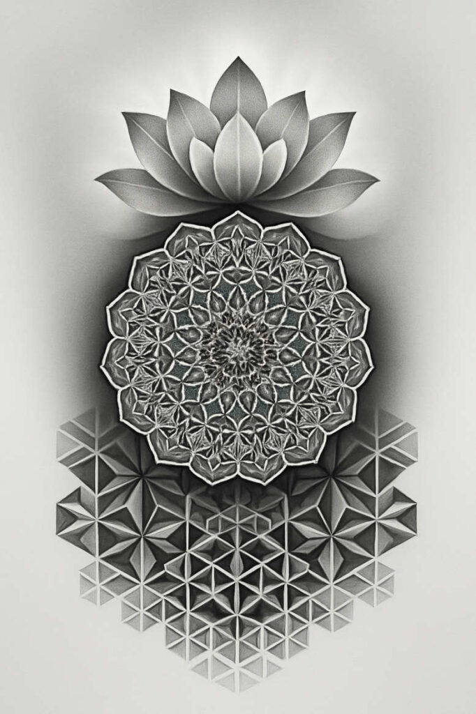 Black and grey mandala with lotus on top and geometric triangle pattern below; AI-generated tattoo idea suitable for cover-up.